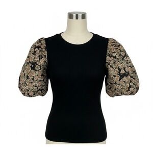 Extro Floral Puff Sleeve Ribbed Knit Top Black Small T20988